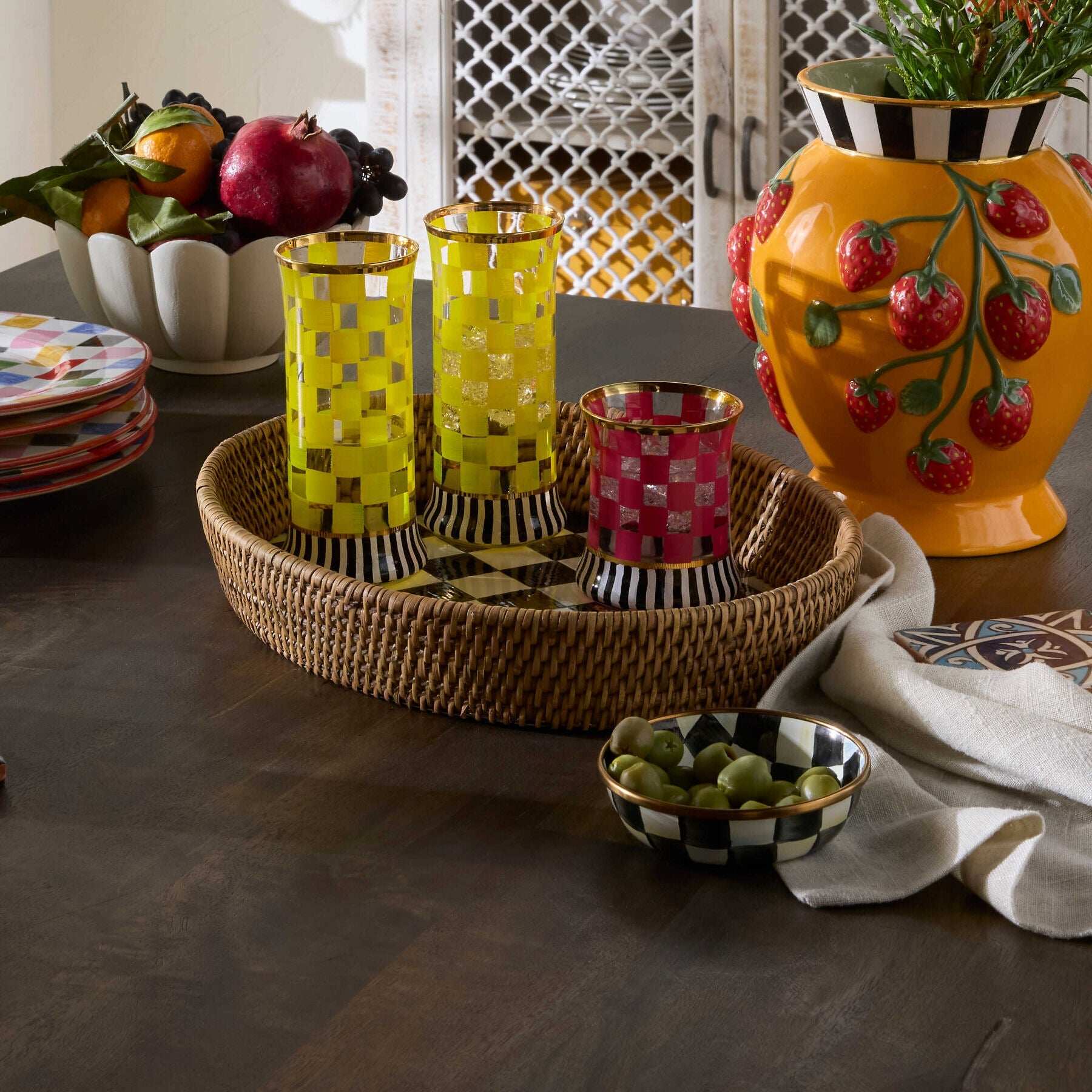 Courtly Check Large Enamel & Rattan Serving Tray