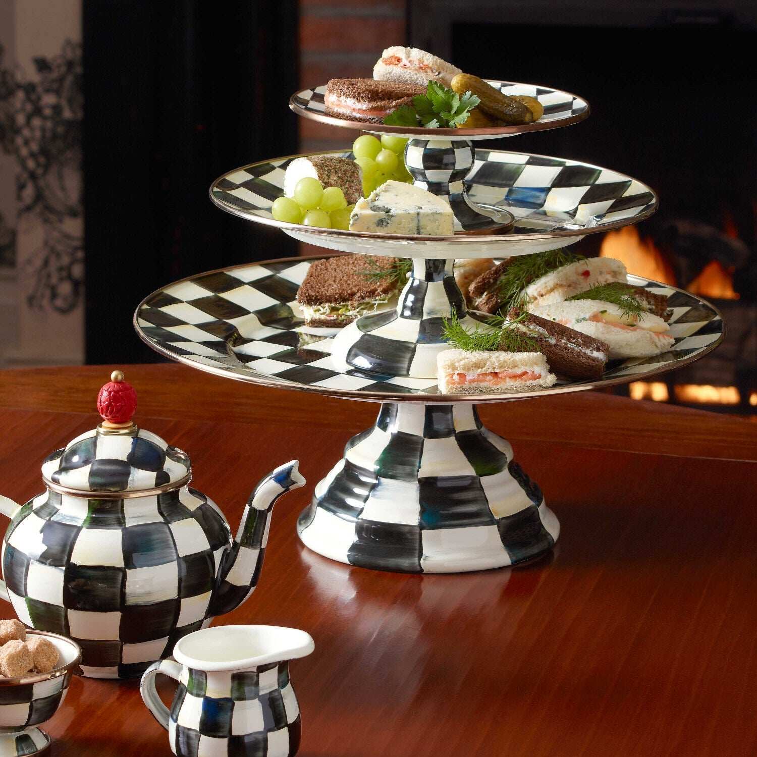 Courtly Check Enamel Pedestal Platter - Small