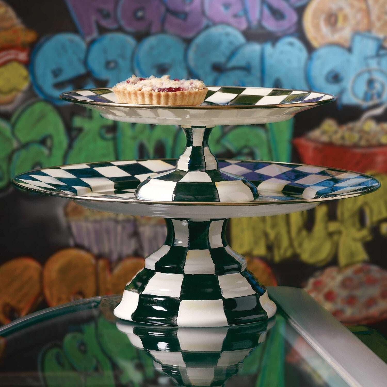 Courtly Check Enamel Pedestal Platter - Small