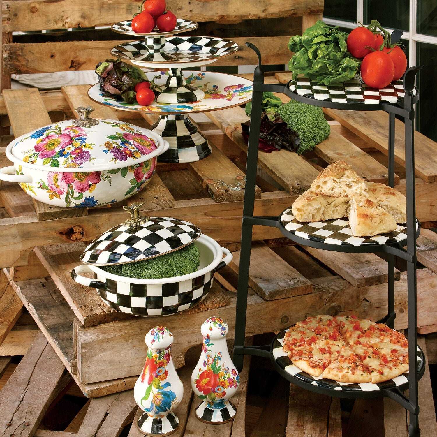 Courtly Check Enamel Pedestal Platter - Small